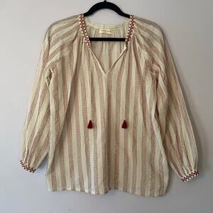 Maison Hotel Cream Red Embroidered Tunic Blouse Tassel V-neck Women's size Small